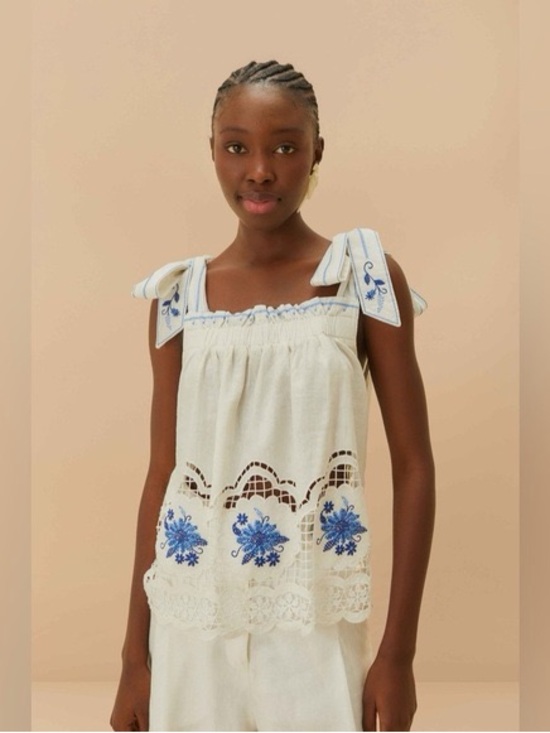 FARM Rio Tops - FARM Rio Daisy embroidered linen-blend gauze and lace top